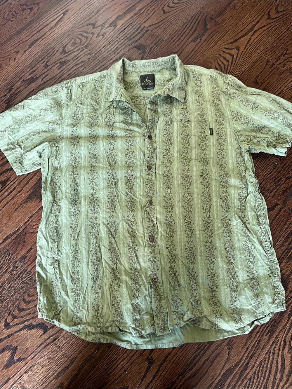 Prana Men's Short-Sleeve Button-Up Shirt in Sage Green with Subtle Stripe Print